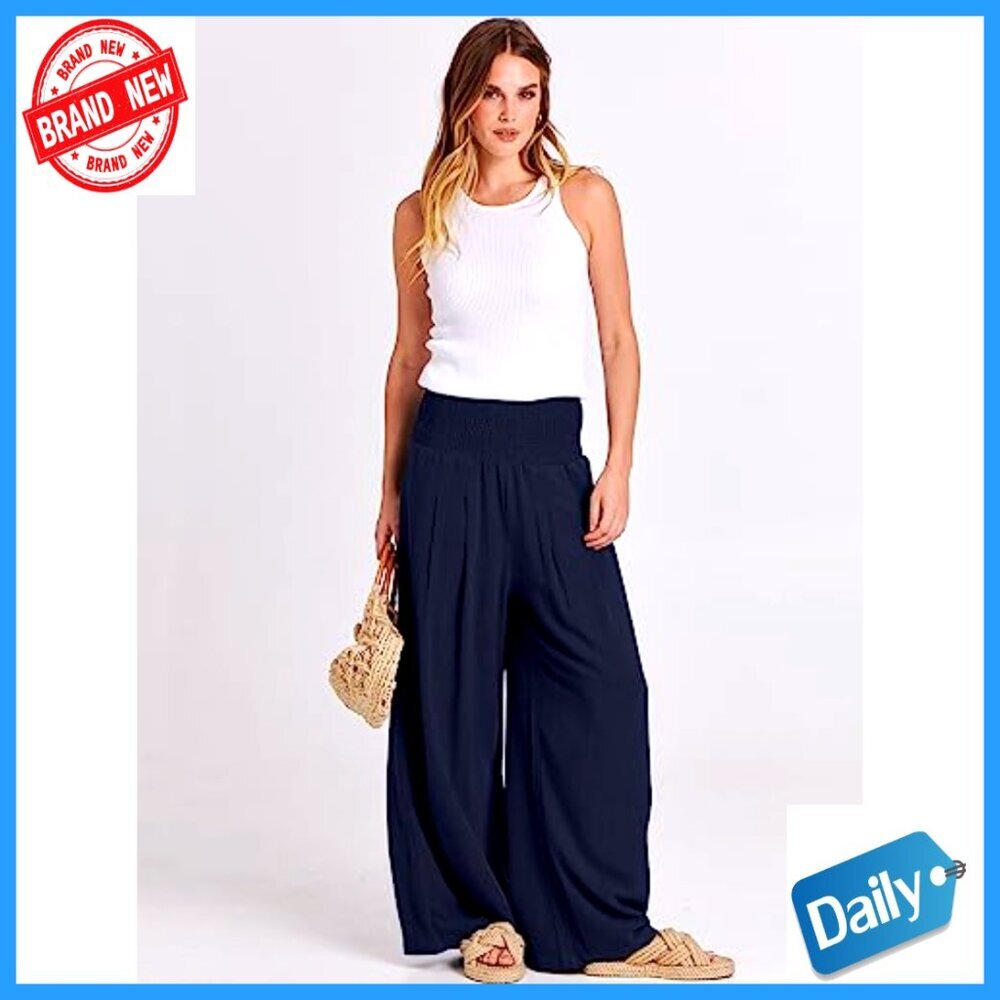 Linen Palazzo Pants Wide Leg High Waist Casual Lounge Pants - Picture 6 of 7